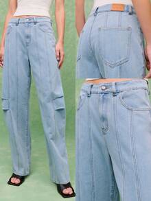 Nöista Aqua Blue Casual Wide-Leg Jeans,Light Wash Denim With Vertical Seam Details,Summer Streetwear School Versatile High Waist Silhouette Denim Pants - Blue - View 4