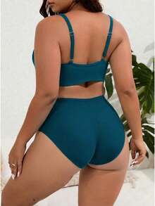 SHEIN Swim Curve Plus Size 2pcs Solid V-Neck Top And High Waist Shorts Women Summer Vacation Bikini Set Set - Teal Blue - View 2