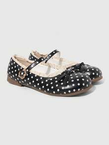 ROMWE Kawaii 棕色乐福鞋，闭趾玛丽珍真皮鞋，蝴蝶结洛丽塔芭蕾平底鞋，圣诞节女士款 - 黑色波點啞光 - 查看 3