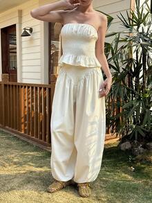 Livesso 春夏修身时尚荷叶边拼接白色抹胸上衣搭配宽松哈伦裤运动套装，宽松休闲度假海滩优雅通勤女装 - 米色 - 查看 4