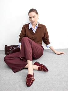 CUCCOO BIZCHIC 女士春秋时尚休闲厚底乐福鞋，复古学院风帆布搭扣交叉装饰，闭趾高帮小厚跟舒适通勤办公商务鞋 - 酒紅色 - 查看 3