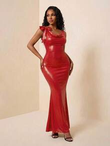 Eryvara 女士纯色褶皱领蝴蝶结装饰褶裥优雅收腰长款派对连衣裙 - 紅色 - 查看 3