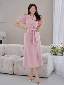 DAZY 女士优雅纯色连衣裙，翻领、泡泡袖、腰带设计，中长款婚礼宾客连衣裙，夏季长款连衣裙 - 粉色 - 查看 7