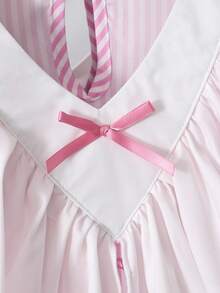 SHEIN 1pc Girls' Sweet Vacation Style Ruffle V-Neck Puff Sleeve Striped Bow Print A-Line Dress, Suitable For Spring/Summer Travel, Vacation, Beach Wear - Pink - View 9