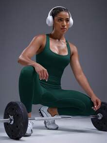 Powerista 女士字母图案镂空露背无缝塑身连体衣 - 墨綠色 - 查看 5