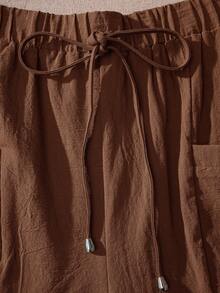 Rusticease 大码纯色打结口袋休闲百搭夏季短裤 - 鏽棕色 - 查看 7