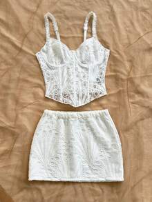Soleia 春夏新款休闲度假西部海滩婚礼宾客礼服毕业早午餐女士套装，圣帕特里克节春假复活节音乐节优雅波西米亚热带风情，白色，情人节婚礼季派对约会蕾丝纹理刺绣胸衣两件套 - 白色 - 查看 3