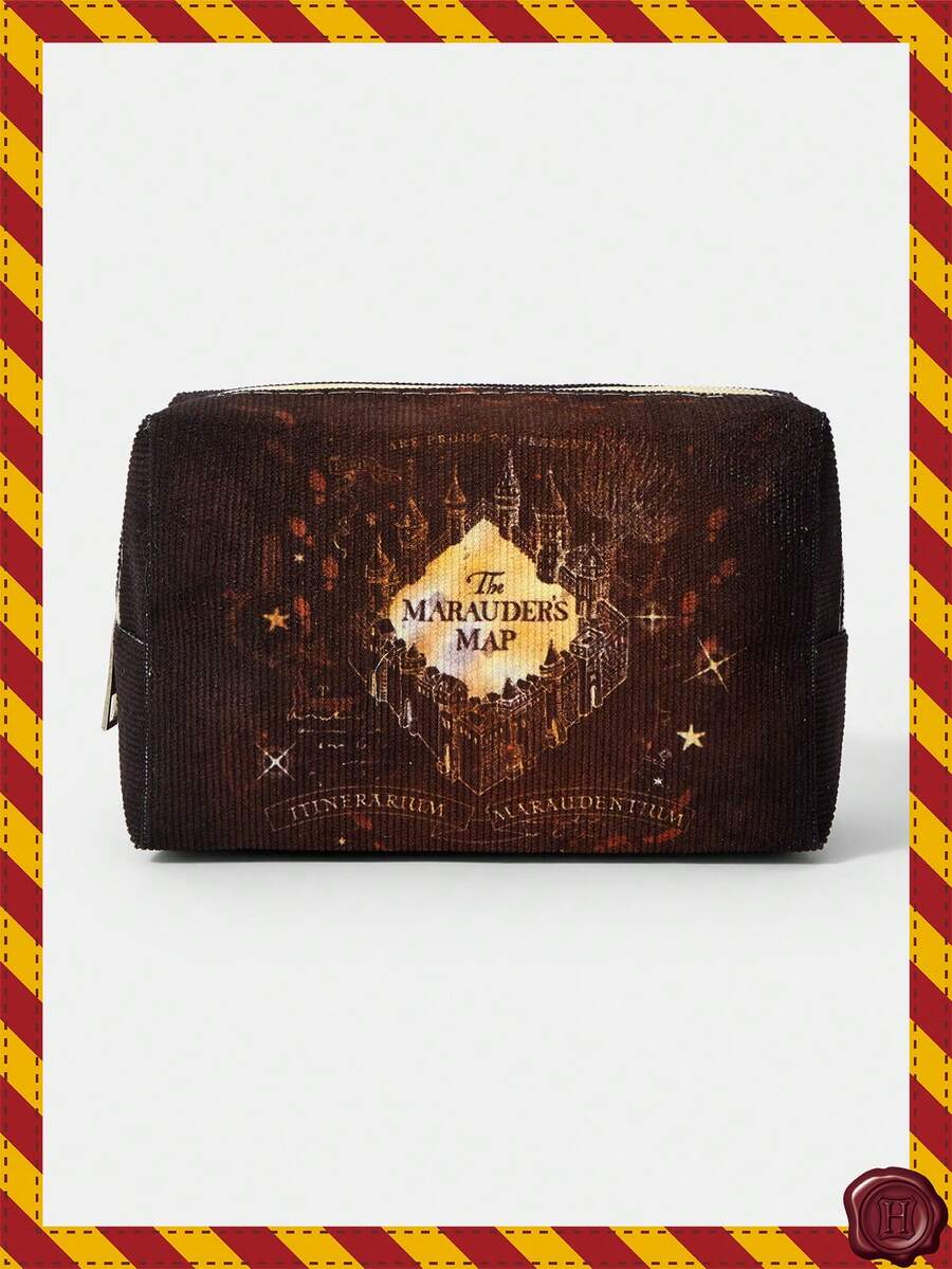 HARRY POTTER X SHEIN 1个卡通图案绗缝化妆包，便携式拉链化妆品收纳袋，多功能储物袋，轻便旅行包，男女通用 - 紅木色 - 查看 1
