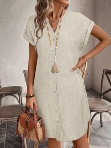 EMERY ROSE 女士V领纽扣短款连衣裙，适合春夏穿着 - 卡其色 - 查看 5