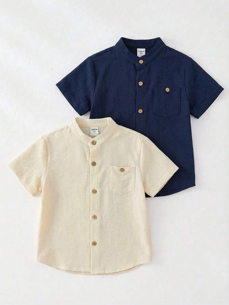 SHEIN 两件装男童休闲韩版纯色翻领宽松衬衫，两种颜色可选，每款可买一套或两套，适合上学、居家、度假、运动穿着，适合春夏季节，买一送一，两件超值优惠，送礼佳品。 - 彩色 - 查看 1