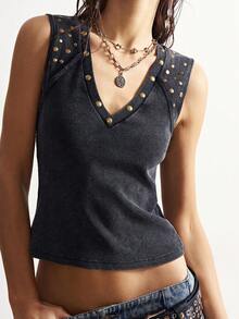 Bohemela Plus Size Summer Casual Beaded Decor Tank Top - Black - View 4