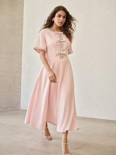 MOTF PREMIUM PLUS SIZE SEQUIN CHAIN DECOR BOW TIE DESIGN CREW NECK SHORT SLEEVE DRESS