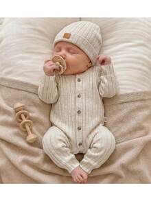 Loomiva 新生儿男/女宝宝两件套纯色针织柔软圆领长袖连体衣和帽子 - 彩色 - 查看 2