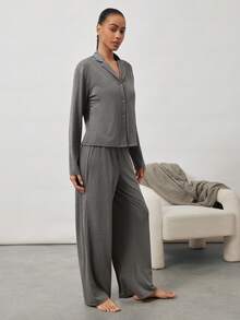 Ocili 女士柔美花卉印花睡衣套装，长袖上衣和长裤，带领子 - 深灰色 - 查看 7