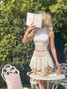 SHEIN MOD 女士杏色缎面蝴蝶结无袖上衣和迷你裙两件套 - 杏色 - 查看 13