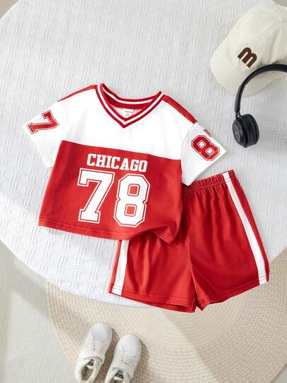 SHEIN Set de 2 piezas Unisex para bebé niño/niña con camiseta de manga corta de cuello en V y pantalones cortos de parches de colores contrastantes, ropa, conjuntos y ropa de calle para primavera/verano