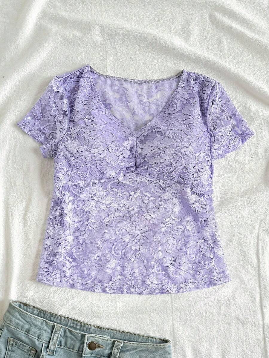 SHEIN Áo ren mỏng nhẹ cổ chữ V dễ thương, ôm vừa vặn, dễ thương, kiểu dáng học sinh, áo ren tay ngắn thanh lịch - Màu tím hoa cà - Xem 1