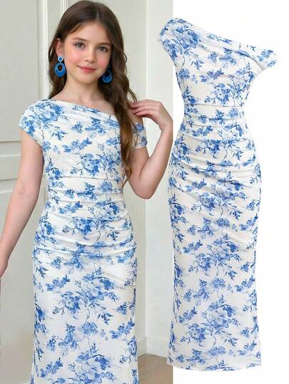 SHEIN Tween Girl Floral Knit Ruched Snug Fit Mesh Dress Maxi Dress For Summer Summer Vacation Dress Blue Flower Dress Blue And White Dress Floral Maxi Dress Summer Dresses For Vacation Maxi Dresses For Summer One Shoulder Dress Blue And White Dress Girls Cotton Dresses Chinese Dress Long Dress In Size Of 15 Years Old For Summer