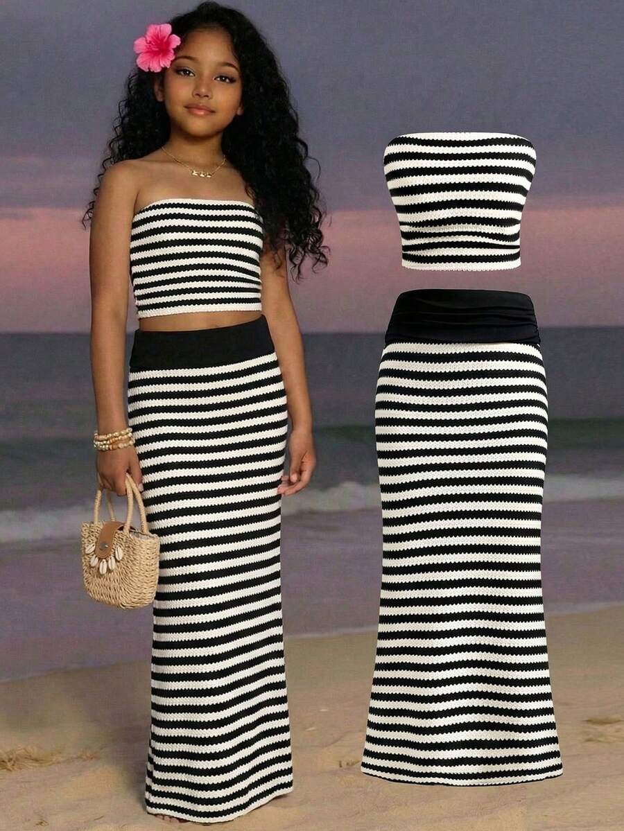 SHEIN Tween Girls Striped Bandeau Top And Mini Skirt Set, Fashionable For Vacation, Party And Outings Vacation Two Piece Set Striped Crop Top And Skirt Summer Two Piece Set Skirt Two Piece Set Tween Girls Striped Two Piece - Black and White - View 1