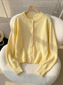SHEIN Tween Girl Loose Casual Minimalist Comfortable Round Neck Open Front Solid Color Sweater Girl Cardigan Sweater Girls Button Down Cardigan,In Fall/Winter - Yellow - View 1