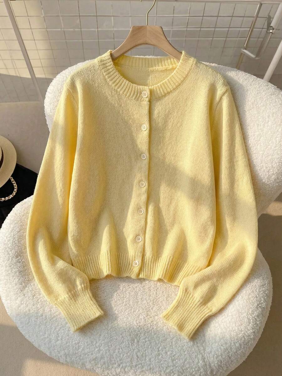 SHEIN Tween Girl Loose Casual Minimalist Comfortable Round Neck Open Front Solid Color Sweater Girl Cardigan Sweater Girls Button Down Cardigan,In Fall/Winter - Yellow - View 1