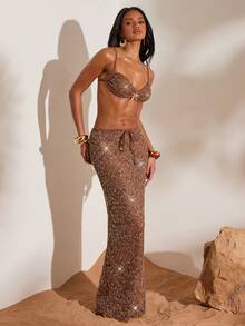 Opulessa 女士亮片吊带上衣和迷你裙泳衣套装，夏季度假 - 棕色 - 查看 3