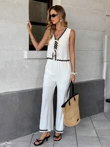 Pariaura Women's White And Black Summer Casual Holiday Vacation 2 Pieces Set,Wavy Strap Front Tie Sleeveless Vest And Flare Pants Outfit Two-Piece Set - White - View 1