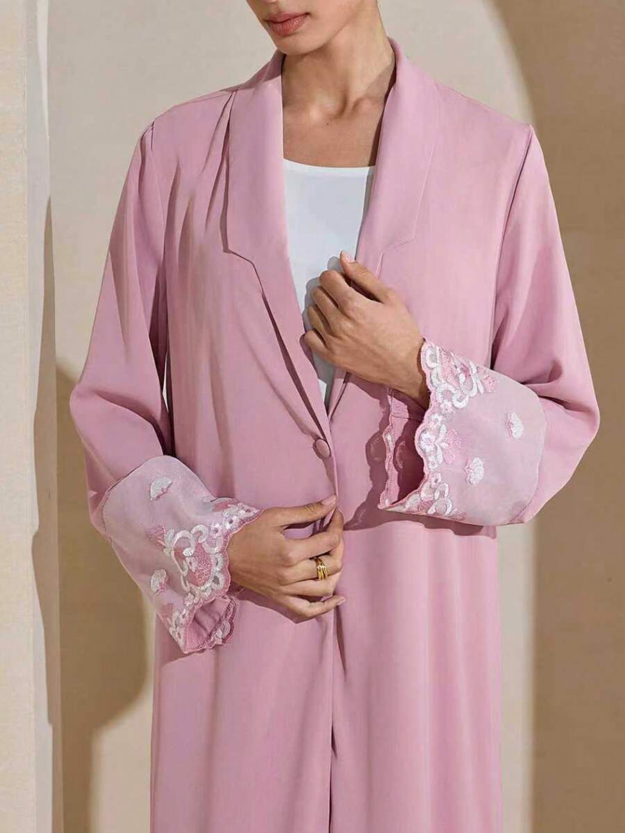 Women's Long Sleeve Elegant Applique Arabic Style Abaya - Coral Pink - View 1
