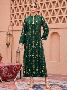 Al Najma 新款奢华金箔印花翻领流苏边宽松土耳其长袍 - 墨綠色 - 查看 3