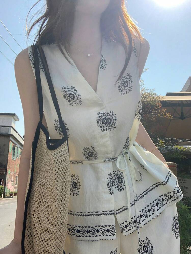 Women's Vintage Coin Pattern Sleeveless V-Neck Vest And Wide Leg Linen Pants 2 Pieces Set Summer