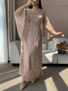 DAZY Women's Elegant Solid Color V-Neck Ruffle Sleeve Belted Long Dress, Spring/Summer Maxi Dress Sundress - Pink - View 4