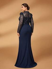 Serin Abito lungo da sirena con maniche lunghe in chiffon, decorato con patchwork di perline e paillettes, in colore blu navy, con arricciature elastiche e dettagli attorcigliati, adatto per matrimoni, feste, vacanze, balli, eventi serali, madre della sposa, taglie comode - Blu Navy - Visualizzare 5