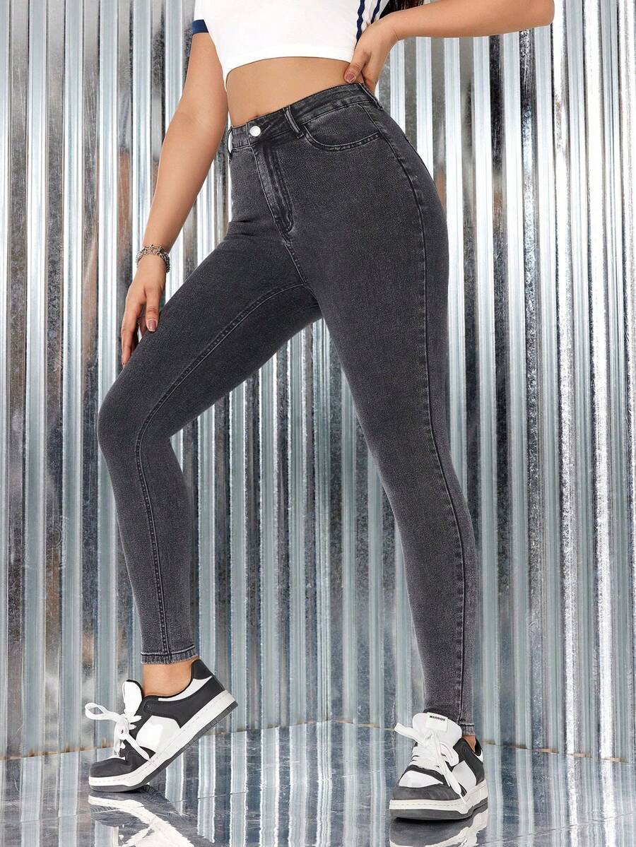 Flexra High Waist Skinny Slant Pocket Fashion Casual Denim Jeans - Black - View 1