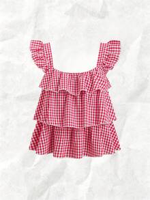 Olithes 休闲夏季甜美少女荷叶边短袖方领宽松显瘦可爱小众设计格子衬衫女装 - 紅白色 - 查看 6