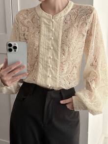 DAZY Women's Elegant Lace Patchwork Round Neck Lantern Sleeve Blouse, Spring/Summer - Apricot - View 3