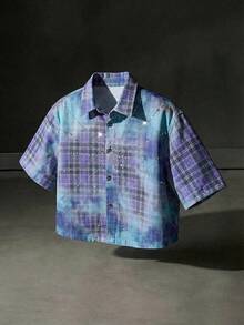 NEON BLANC Men's Rhinestone Print Short Sleeve Denim Shirt - Purple - View 1