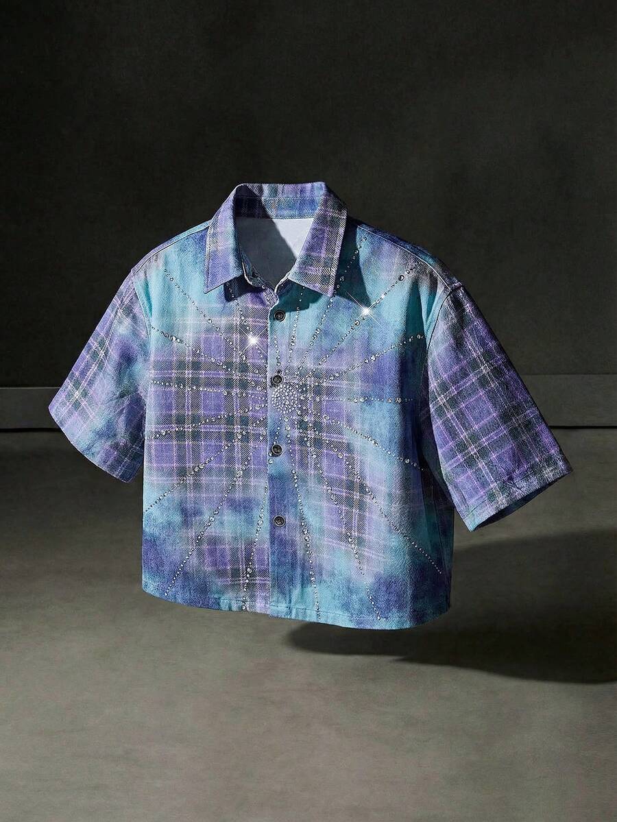 NEON BLANC Men's Rhinestone Print Short Sleeve Denim Shirt - Purple - View 1