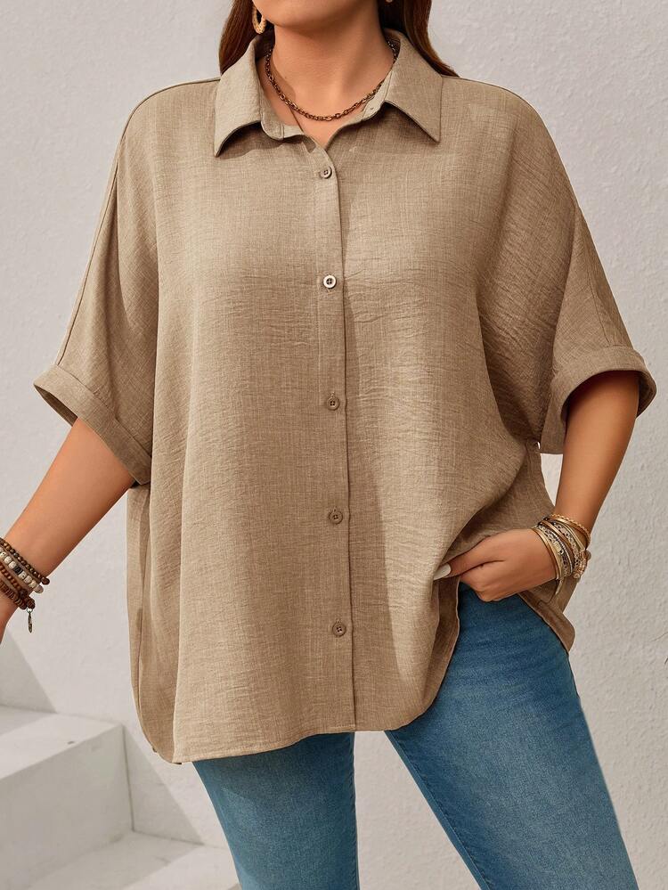 Plus Size Women's Solid Color Batwing Sleeve Loose Single-Breasted Casual Shirt,Vacation,Summer Oversize Shirt For Women Short Sleeve Blouses