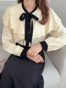 FRIFUL Women's Round Neck Ruffle Collar Contrast Trim Tie Front Long Sleeve Poncho Blouse, Suitable From Spring To Summer - White - View 8