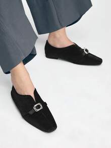 Mnmlis Sepatu Flat Wanita Serbaguna untuk Komuter dengan Gesper, Cocok untuk Hari Valentine - Hitam dan Putih - View 11