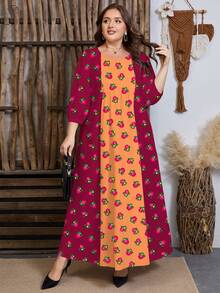 SHEIN Najma Robe midi évasée à taille ajustée avec imprimé floral et végétal, col rond, plis et blocs de couleurs. Motif printanier. Robes longues pour femmes, robes bohèmes, robes africaines, kurtas pour femmes. - Multicolore - Voir 3