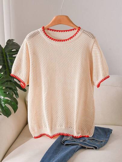 CosyJoli Plus Size Elegant French Style Casual Hollow-Out Colorblock Spring/Summer Knit Top For Women