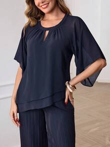 Miaspire Elegant Navy Blue Chiffon Two-Piece Set For Women – Double-Layer Cape Sleeve Top & Pleated Wide Leg Pants, Perfect For Summer & Spring, Ideal For Vacation, Beach, Going Out, Casual Daily Wear, And Festival Occasions - Navy Blue - View 6