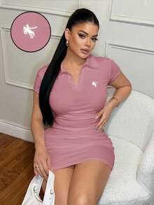 SHEIN SXY 翻领简约休闲商务刺绣连衣裙 - 粉色 - 查看 4