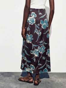 SHEIN Maija Women's Elegant Brown Maxi Skirt With Smooth Plants Pattern Woven Fabric Semi-Sheer Straight Fit - Brown - View 2