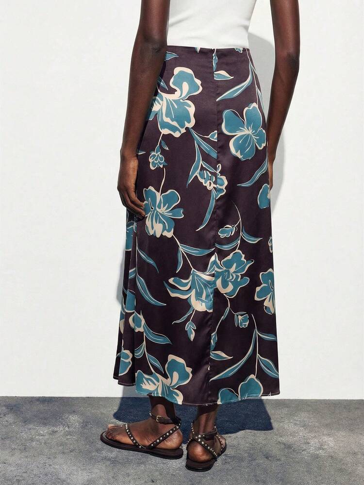 SHEIN Maija Women's Floral Print Elegant Satin Vacation Skirt