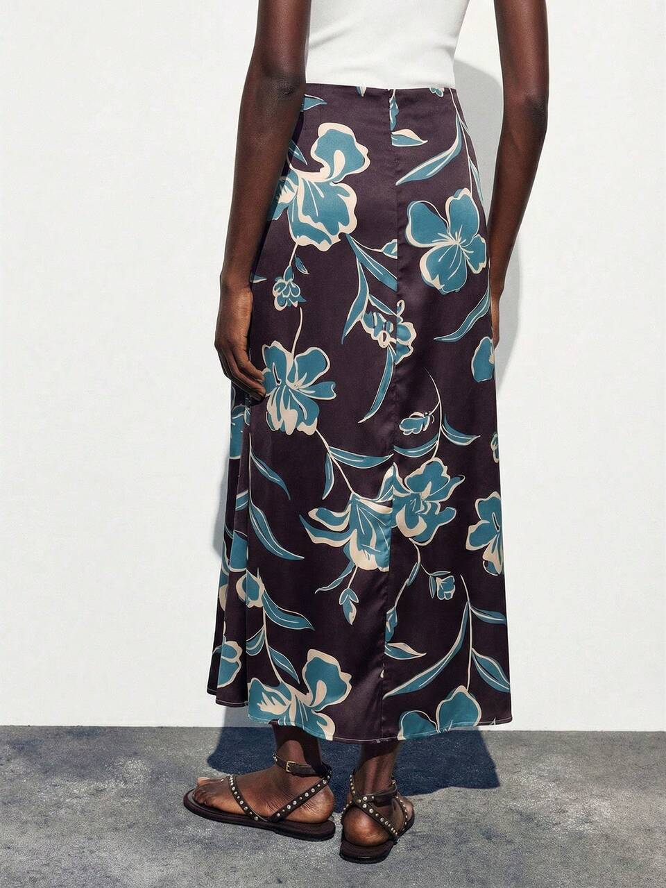SHEIN Maija Women's Elegant Brown Maxi Skirt With Smooth Plants Pattern Woven Fabric Semi-Sheer Straight Fit