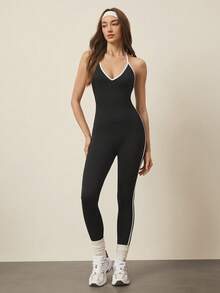 With My Calm With My Calm 1pc Moisture-Wicking Contrast Color Design Basic Seamless Jumpsuit/Jumpsuit, Suitable For Workout, Yoga - Multicolor - View 3
