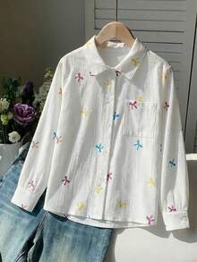 SHEIN Explorewe 少女休闲彩色蝴蝶结印花白色长袖衬衫，百搭设计，适合学校、教室、家庭、日常穿着，春秋季皆宜。 - 白色 - 查看 1