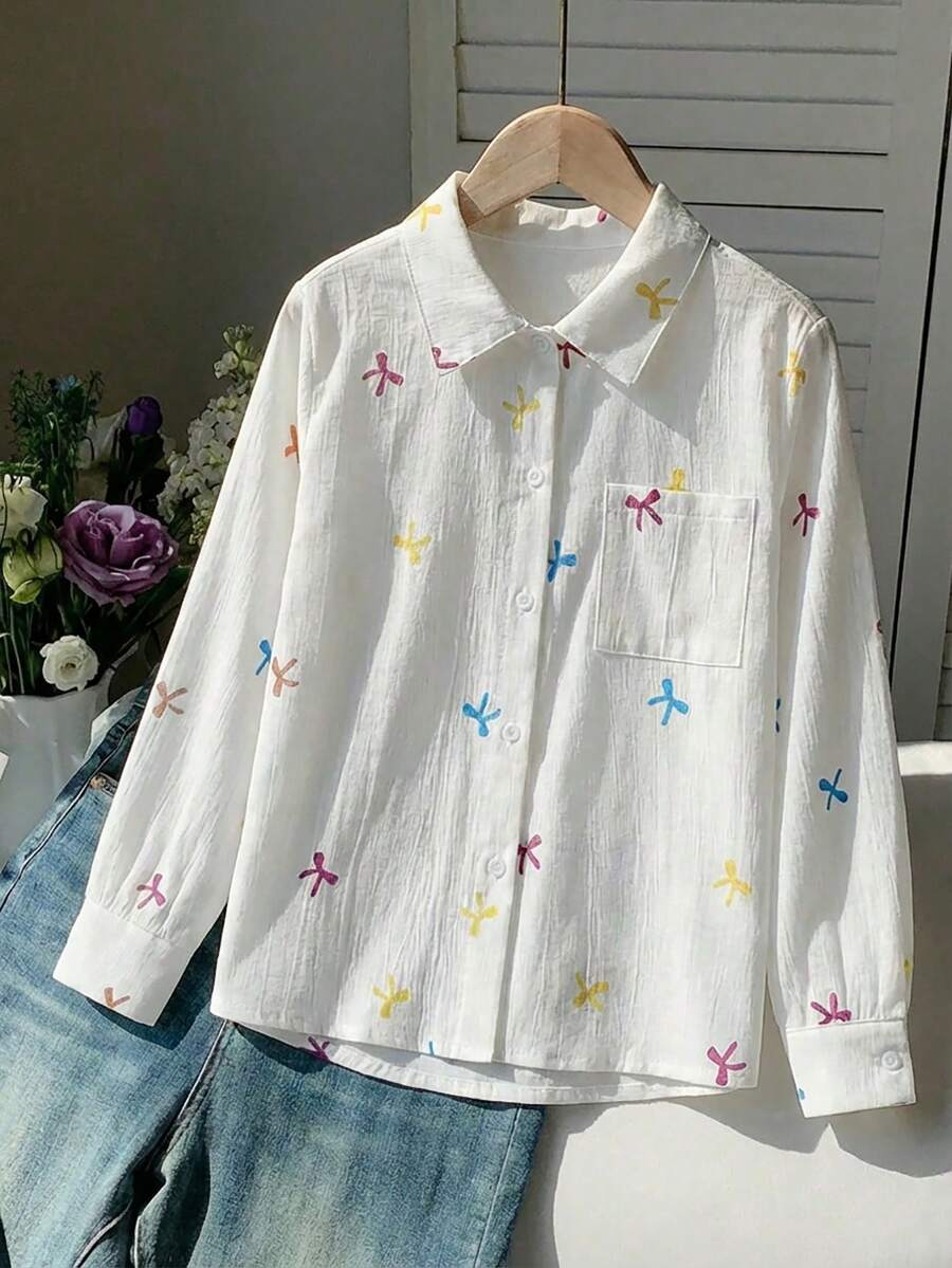 SHEIN Explorewe 少女休闲彩色蝴蝶结印花白色长袖衬衫,百搭设计,适合学校、教室、家庭、日常穿着,春秋季皆宜。 - 白色 - 查看 1
